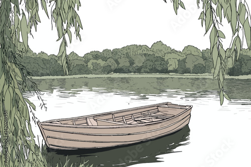 Wooden boat on the lake vector 