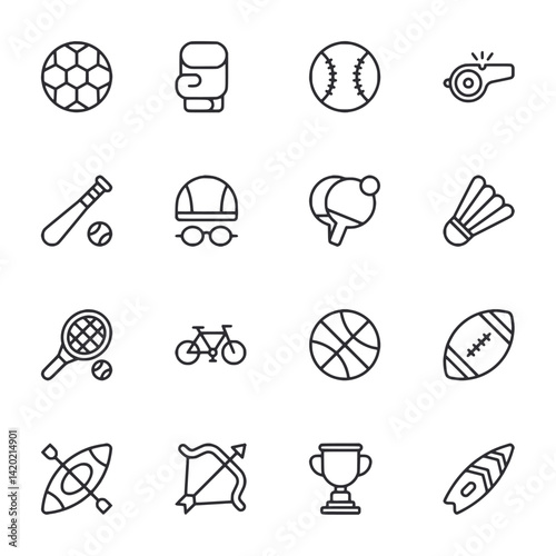 A set of sports icons including a baseball bat, a soccer ball, a tennis racket