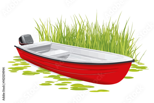 Red wooden boat on the lake