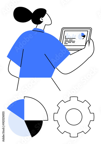 Woman viewing analytics on tablet, pie chart and gear below symbolizing analysis, technology, and teamwork. Ideal for business, analytics, technology, data strategy, planning productivity
