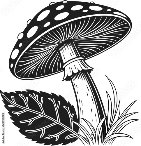 Artistic Black-and-White Illustration of a Mushroom with Leaf Design