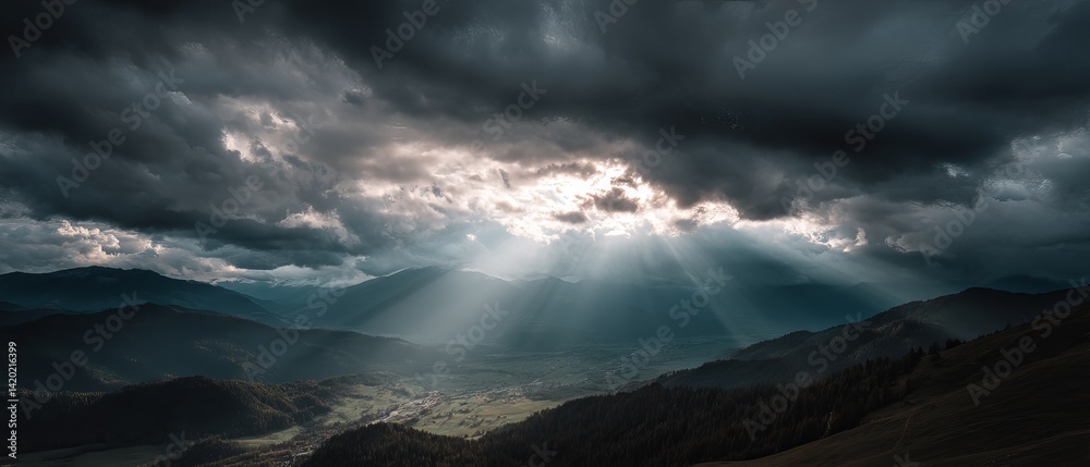 Dramatic clouds with rays of sunlight illuminating a mountainous landscape, creating a captivating and serene atmosphere. Dramatic clouds with rays of sunlight illuminating a mountainous landscape, creating a captivating and serene atmosphere.
