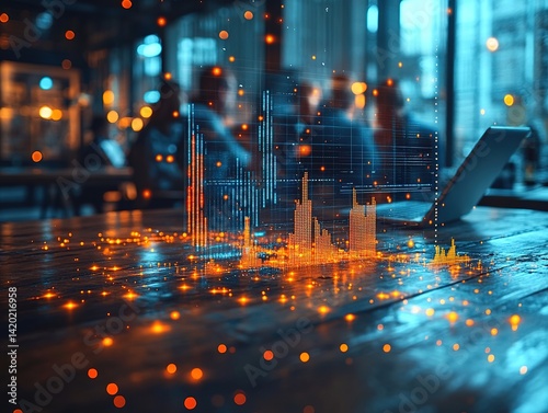 Laptop on table with blurred people and bokeh lights in a cafe.