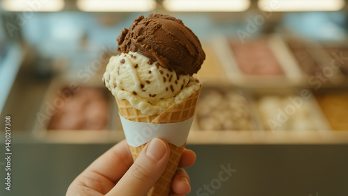 A Handheld Cone of Creamy Vanilla and Rich Chocolate Ice Cream Topped with Sprinkles, Capturing a Sweet Moment at the Heart of a Cozy Gelato Bar