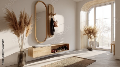 Entryway with floating shoe cabinet, curved mirror, and dried reeds  