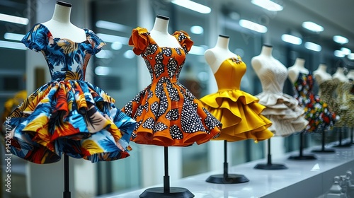 Fashion show dresses displayed on mannequins.  Colorful, vibrant designs