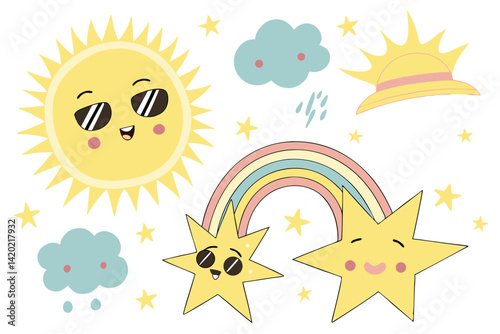 16 Cute cartoon suns, happy sun faces, kawaii weather elements, cheerful sun characters, pastel rainbow, fluffy clouds, colorful stars, playful sun expressions, sun wearing sunglasses, sun with hat, s