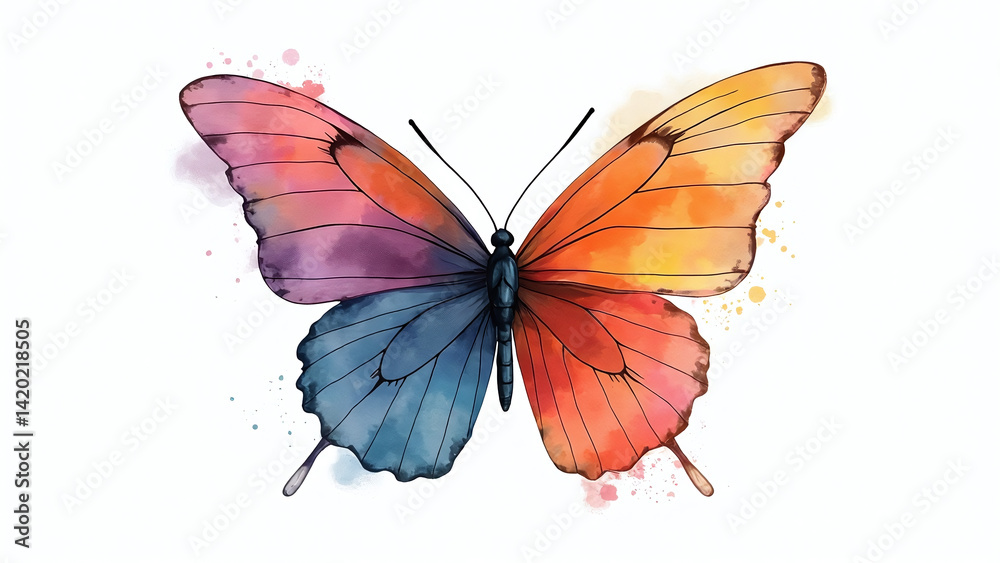 Fototapeta premium Watercolor Butterfly Illustration with Split Color Wings