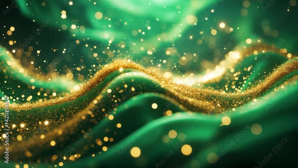 Golden magic dust over vibrant green background with glowing particles and abstract lighting effects