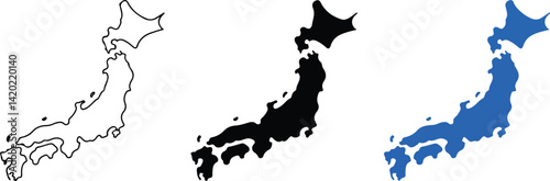 Japan Map Outline Black White and Blue Variations