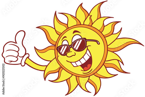 18 Cartoon sun, smiling face, sunglasses, thumbs up gesture, bright yellow, cheerful expression, summer vibes, cool attitude, vector illustration, glossy finish, positive emoji, fun character, sunny d