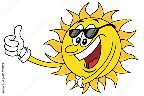 18 Cartoon sun, smiling face, sunglasses, thumbs up gesture, bright yellow, cheerful expression, summer vibes, cool attitude, vector illustration, glossy finish, positive emoji, fun character, sunny d