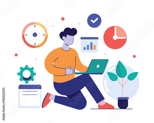 Vector illustration of Freelance work concept with time tracking on white background, Freelance work concept with time tracking