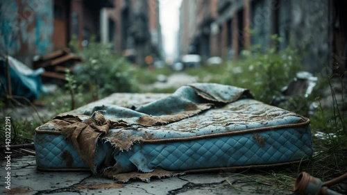Wallpaper Mural Abandoned, rusty old Mattress lying on grass and cement floor, symbolizing homelessness or poverty Torontodigital.ca