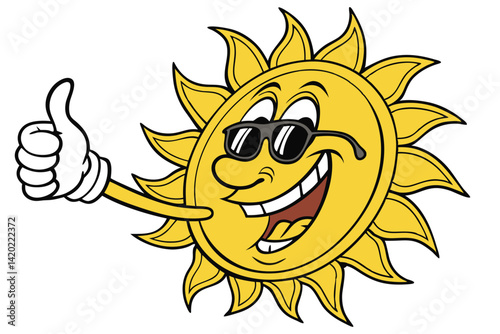 18 Cartoon sun, smiling face, sunglasses, thumbs up gesture, bright yellow, cheerful expression, summer vibes, cool attitude, vector illustration, glossy finish, positive emoji, fun character, sunny d