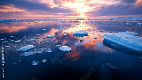 Stunning View of Icebergs Floating in a Serene Ocean During Sunset with Vibrant Reflections