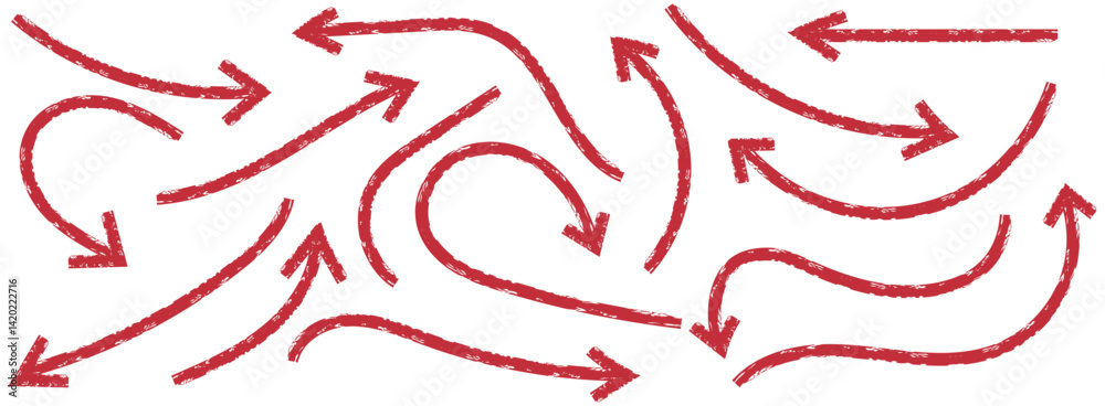Red hand-drawn arrow marker. Red Hand-drawn brush stroke arrows. Red charcoal ovals and arrows strokes different forms. Hand drawn vector arrows doodle set on white background. Red long arrow set.