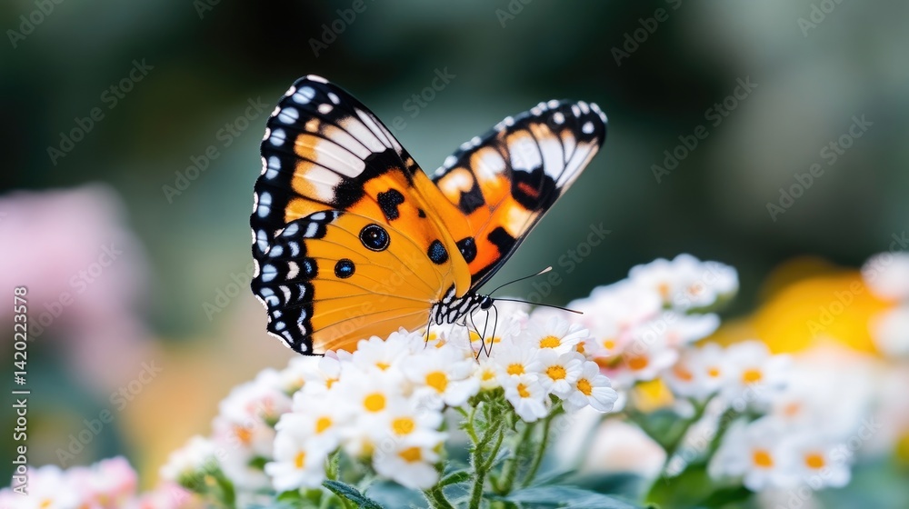 Fototapeta premium Orange and black butterfly rests on small white flowers