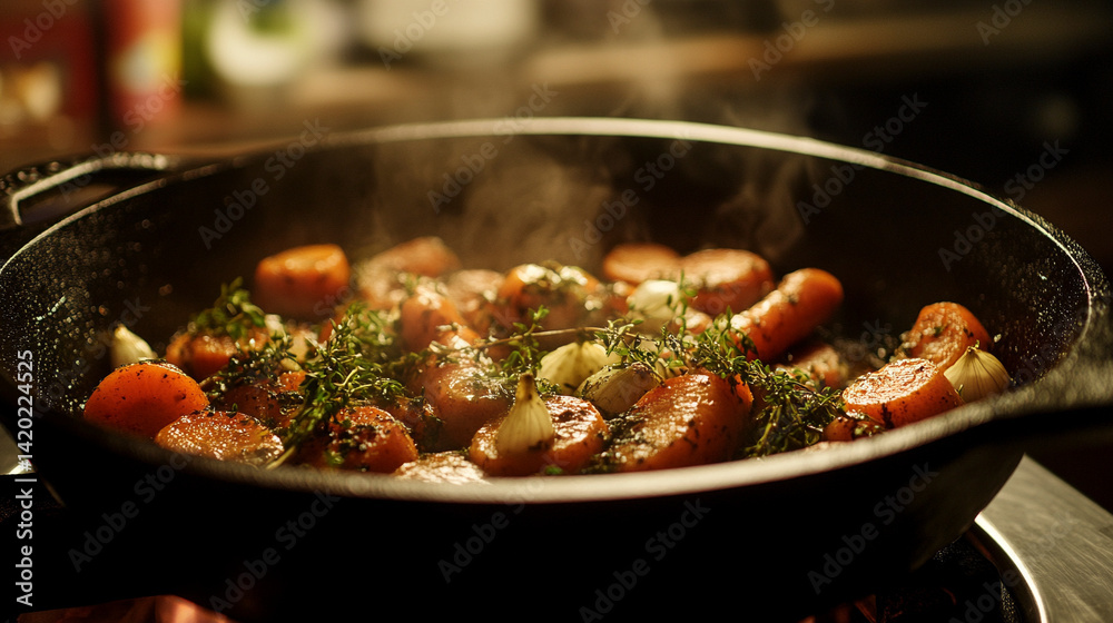 Roasted carrots in a cast iron pan with herbs and garlic, warm tones Roasted carrots in a cast iron pan with herbs and garlic, warm tones