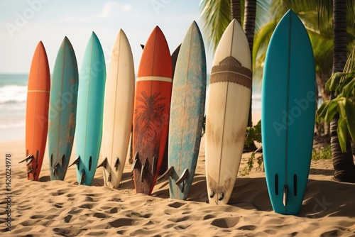 Surfboards erect on sandy beach under clear sky. Beachside surfboard. Concept of leisure sports with copy space. Surf culture, coastal recreation. Surfboard Banner with Copy space. 