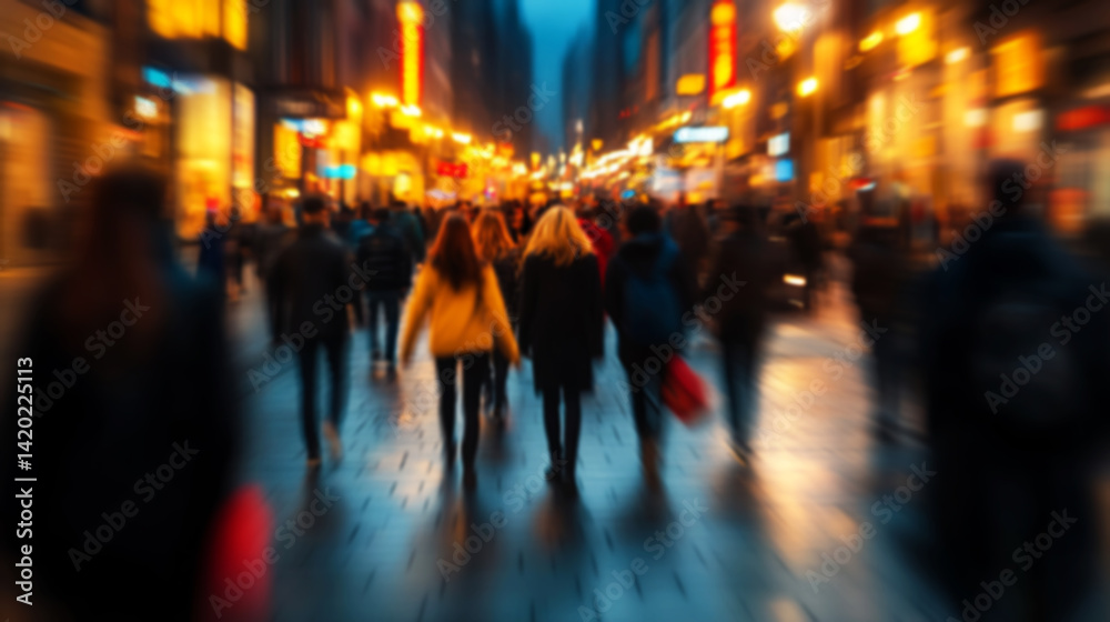 Blurred background of a busy street with people walking at night, with a bokeh effect. Blurred background of a busy street with people walking at night, with a bokeh effect.