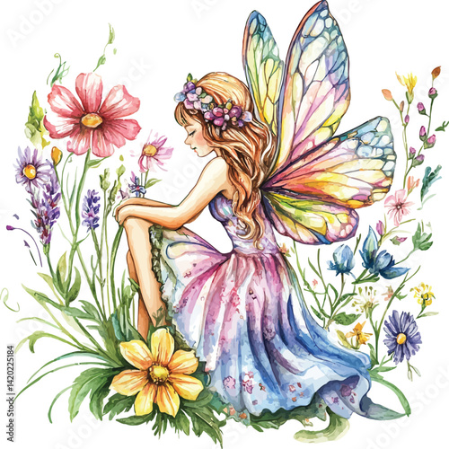 . A watercolor painting depicting a fairy delicately perched on a vibrant flower, surrounded by soft, colorful petals