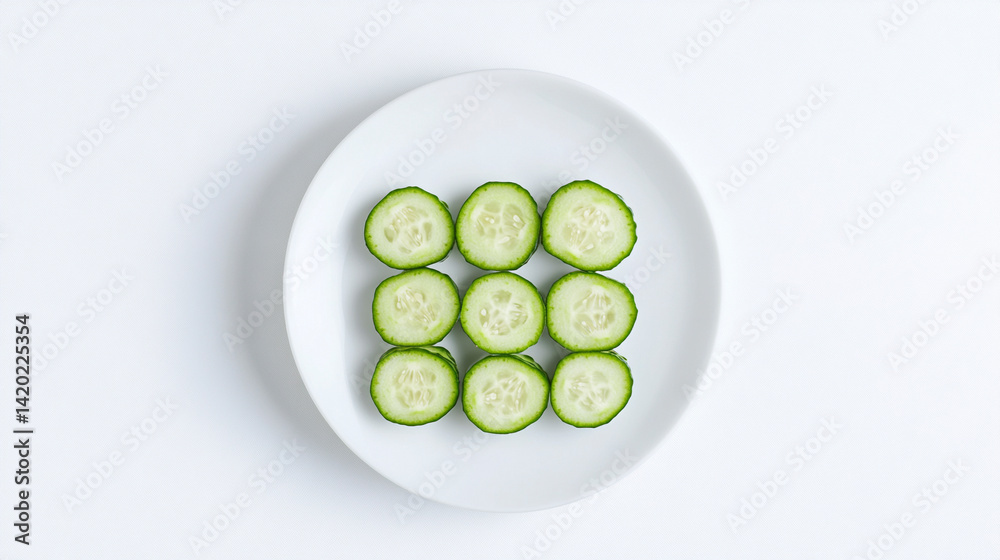 Sliced cucumber rounds neatly arranged on a white plate, studio background Sliced cucumber rounds neatly arranged on a white plate, studio background
