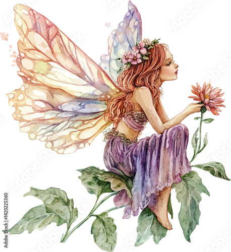 A watercolor painting depicting a fairy delicately perched on a vibrant flower, surrounded by soft, colorful petals.
