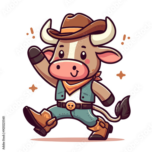 Cheerful cartoon illustration of a Texas Longhorn calf dressed as a cowboy waving happily