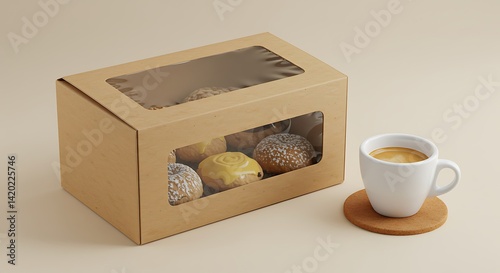 Pastry box with a transparent window, placed beside a cup of espresso