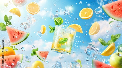 Refreshing summer drink with vibrant fruits and ice cubes on blue sky background