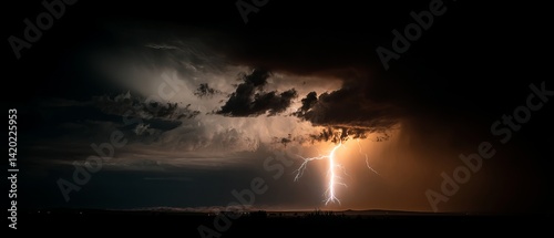 A dramatic lightning strike illuminates dark storm clouds, creating a stunning contrast of light and shadow in the night sky.