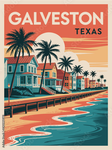 Galveston, Texas, USA travel destination poster in retro style. Colorful vintage vector illustration