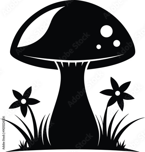 Black Silhouette of Mushroom with Flowers and Grass
