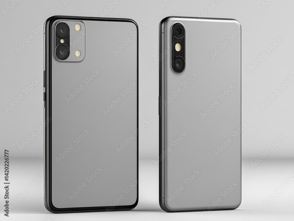 Back View Comparison: Two Sleek Grey Smartphones with Distinct Camera Configurations, Displaying Innovative Design and Modern Technology Back View Comparison: Two Sleek Grey Smartphones with Distinct Camera Configurations, Displaying Innovative Design and Modern Technology