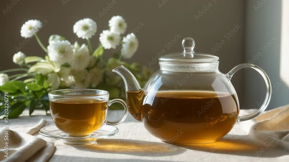 A glass teapot with green tea sits on a table alongside a glass cup of hot tea. A glass teapot with green tea sits on a table alongside a glass cup of hot tea.