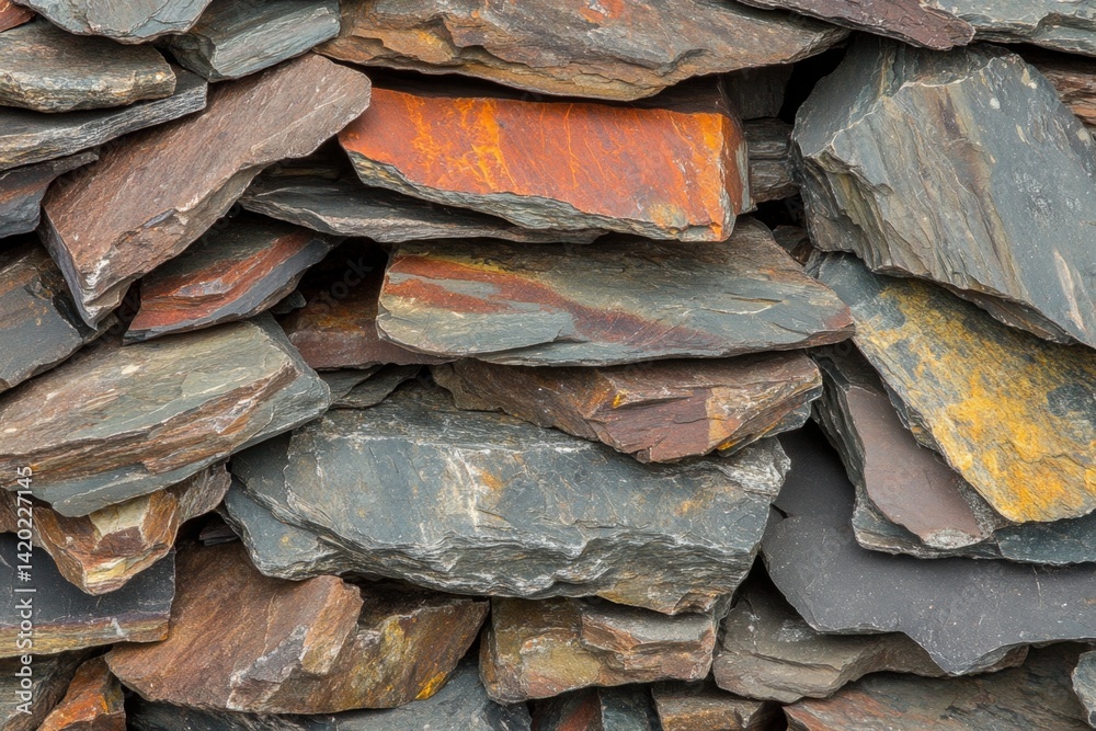 Stacked, colorful slate stones. Close-up view of layered, varied-colored flat rock slabs Stacked, colorful slate stones. Close-up view of layered, varied-colored flat rock slabs