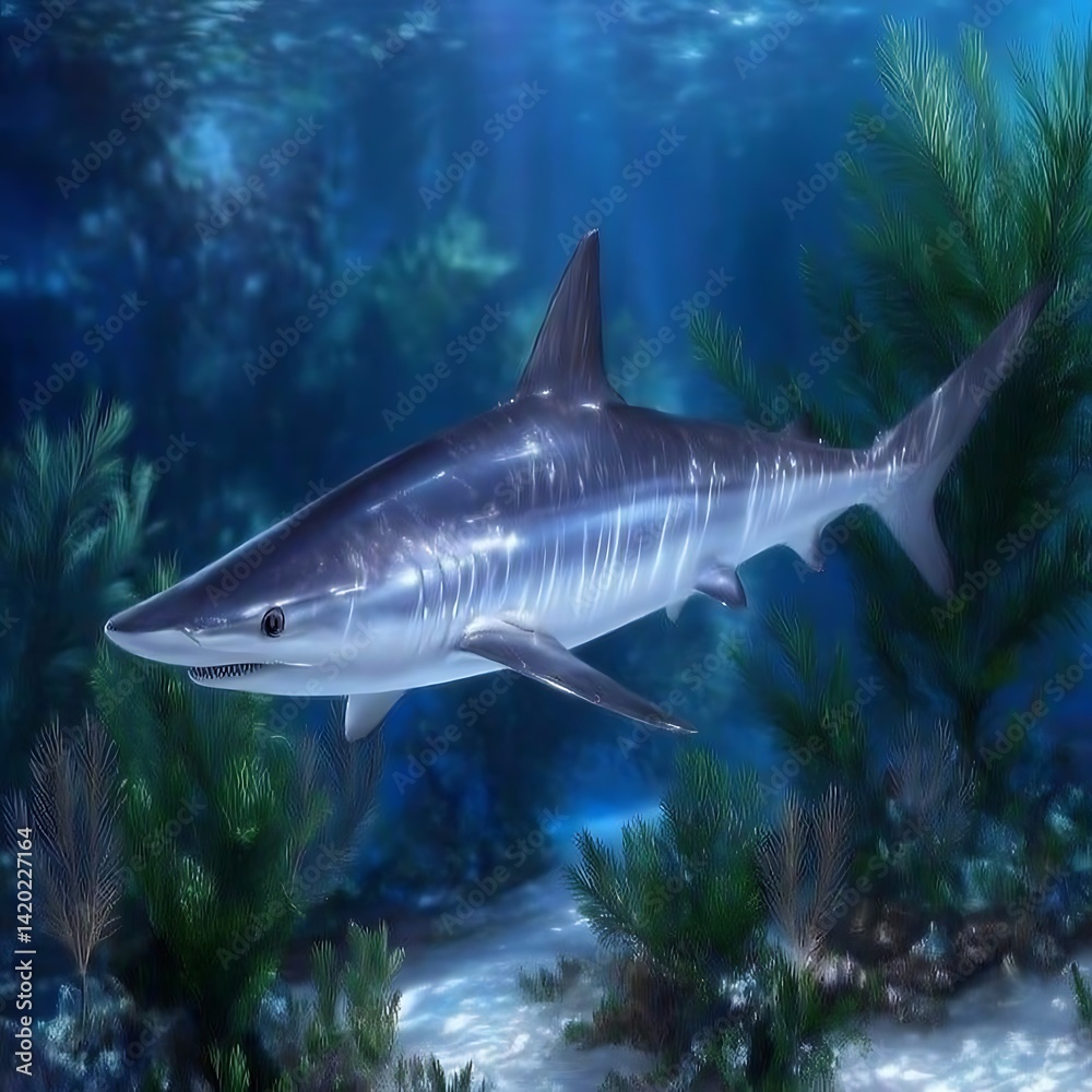 Fototapeta premium Oceanic Predator A Thresher Shark Glides Effortlessly Through Subaquatic Realm Amidst Seaweed Growth.