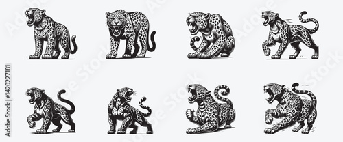 Set of black and white leopard roaring 