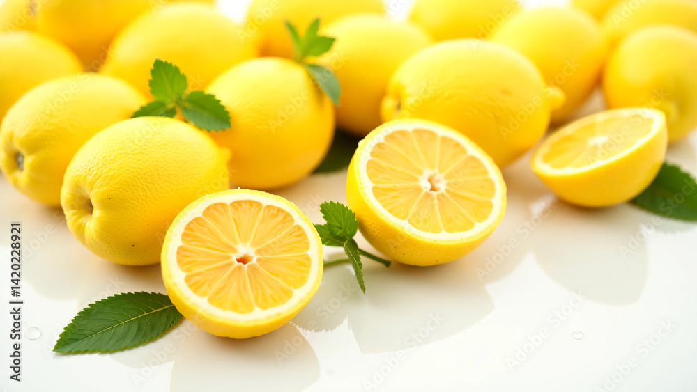 Fresh Lemons – Juicy Citrus Fruits with Vibrant Yellow Color, Cut and Whole Lemons on Clean White Background with Water Droplets and Mint – Ideal for Food, Health, and Product Ads