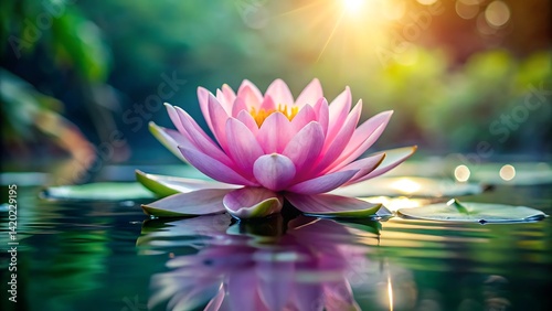 Wallpaper Mural A pink lotus flower blooming on water with a reflection and blurred background sunlight Torontodigital.ca