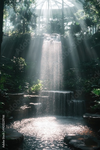 Sunlight streams through trees onto a body of water in a forest.