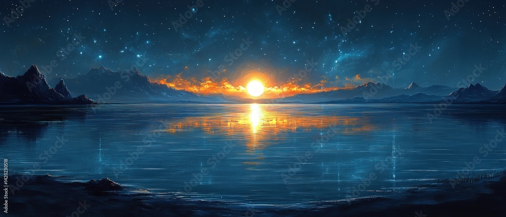 Night landscape with water reflection mountains and stars in the sky.