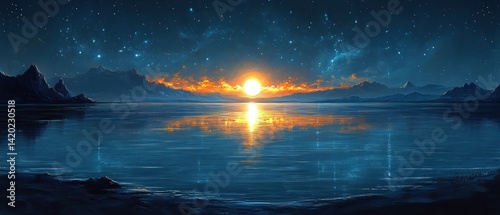 Night landscape with water reflection mountains and stars in the sky.