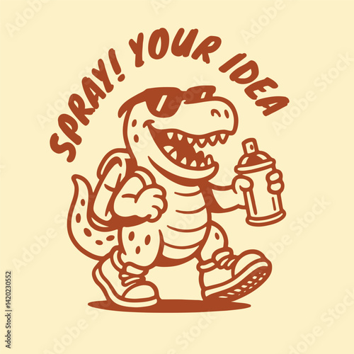 illustration of a t-rex dinosaur walking wearing a backpack while carrying spray paint