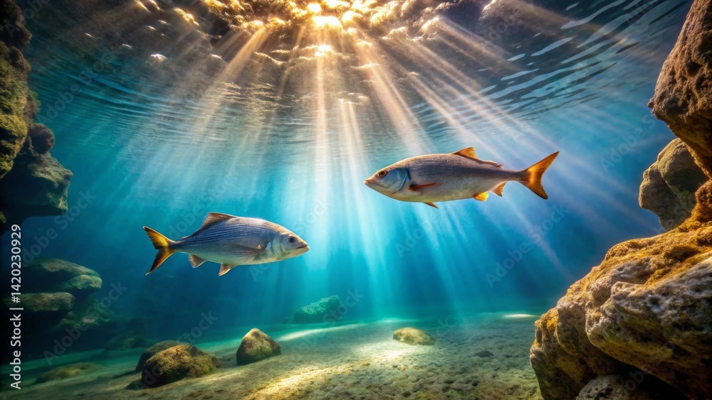 Fototapeta premium Radiant Sunlight Illuminates Two Graceful Fish Swimming in a Crystal-Clear Underwater Scene