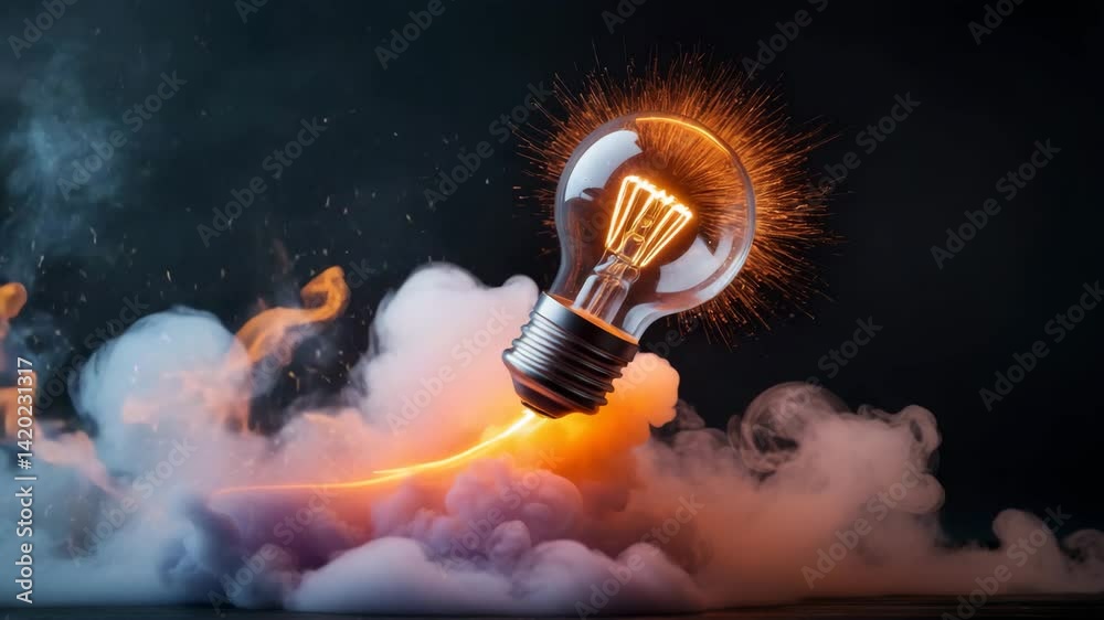 Innovative light bulb rocket with blast and smoke taking off on a background, representing successful launch and creative ideas