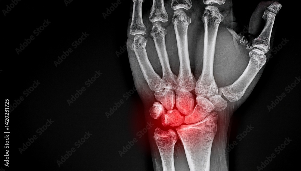 X-ray with signs of redness in the wrist bones X-ray with signs of redness in the wrist bones