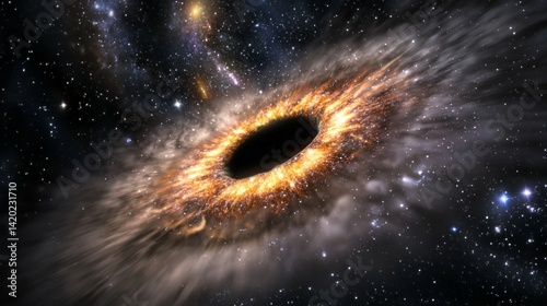 A massive black hole surrounded by swirling cosmic gases and bright stars in the cosmic void