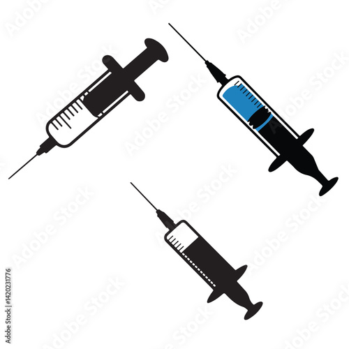 Syringe silhouettes, medical syringe, Vaccine or injection icon, Syringe injection, syringe with drop